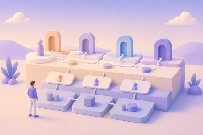 Ilustração 3D de um Service Blueprint conectando pessoas, processos e sistemas que sustentam a experiência do cliente
