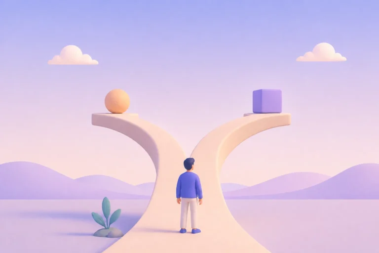 Pessoa diante de um caminho que se divide em dois ramos com formas geométricas em estilo 3D minimalista