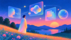 Pessoa de costas diante de telas e ícones digitais, em paisagem ao pôr do sol com montanhas e lago