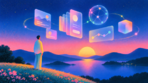 Pessoa em pé em paisagem ao pôr do sol, com ícones digitais e globo conectados ao fundo