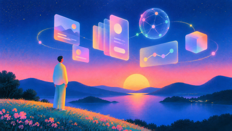 Pessoa em pé em paisagem ao pôr do sol, com ícones digitais e globo conectados ao fundo