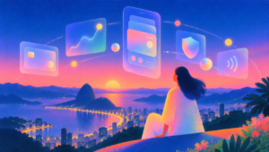 Pessoa observando cidade ao entardecer com ícones digitais de fintech sobrepostos, como gráfico e segurança