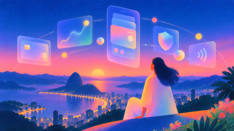 Pessoa observando cidade ao entardecer com ícones digitais de fintech sobrepostos, como gráfico e segurança