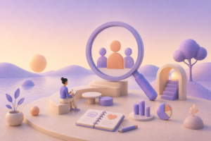 Ilustração 3D de uma pessoa analisando dados com lupa sobre grupo de usuários em contexto de pesquisa