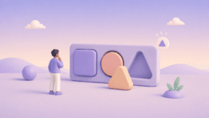 Pessoa diante de formas geométricas que indicam uma ação em uma ilustração 3D minimalista sobre affordance em UX