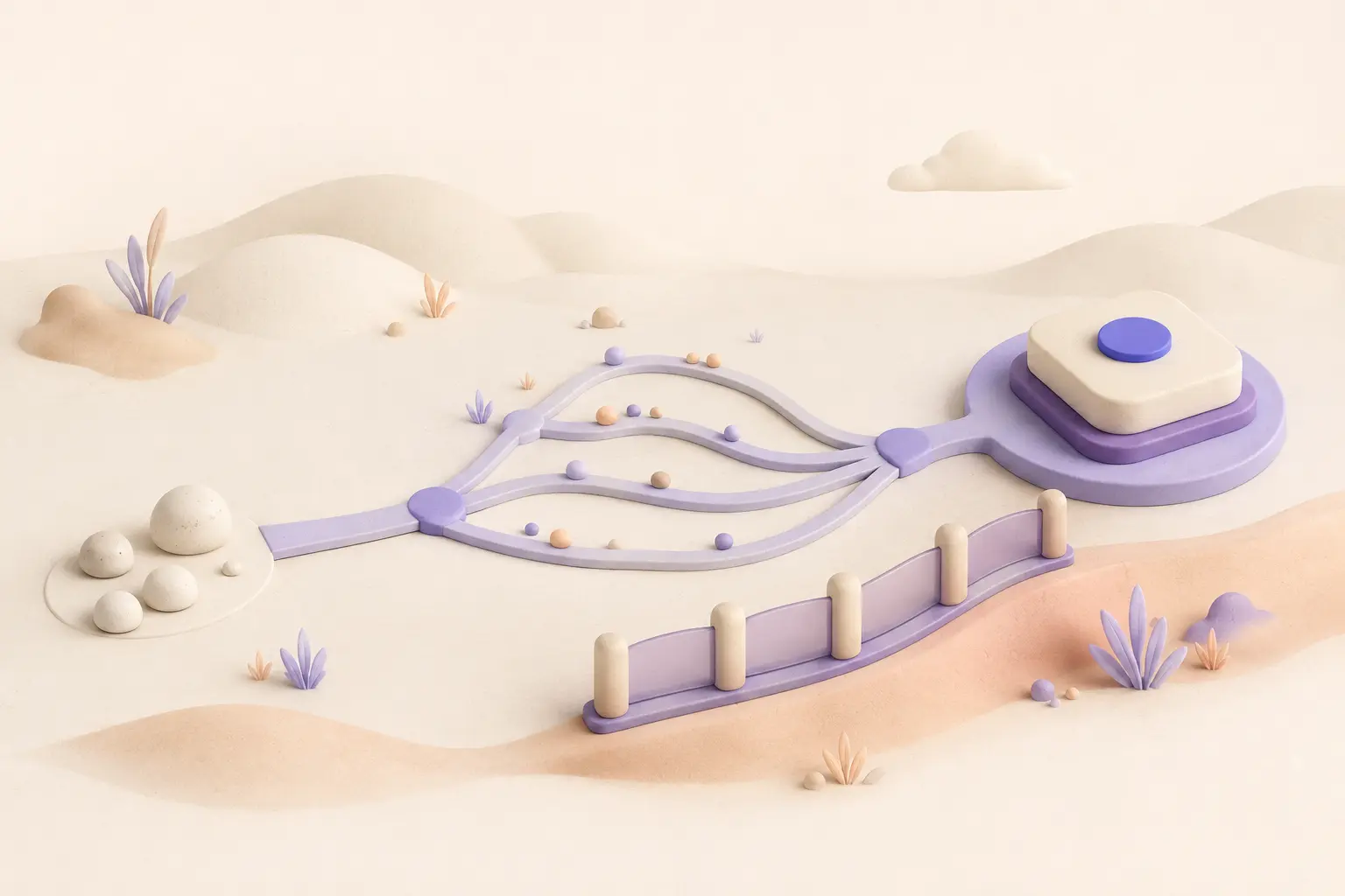 Métricas de UX sem vaidade: como escolher indicadores úteis | 1 | Camaraux, consultoria em UX design, projetos centrados no usuário Ilustração 3D de caminhos que conectam sinais de experiência, comportamento, resultado e proteção em um sistema de métricas de UX