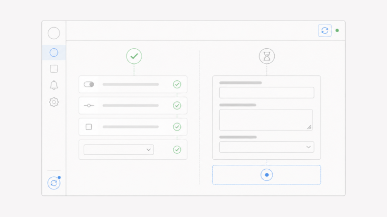 Wireframe de um editor que compara alterações individuais salvas automaticamente com um conjunto de mudanças aguardando uma ação explícita.
