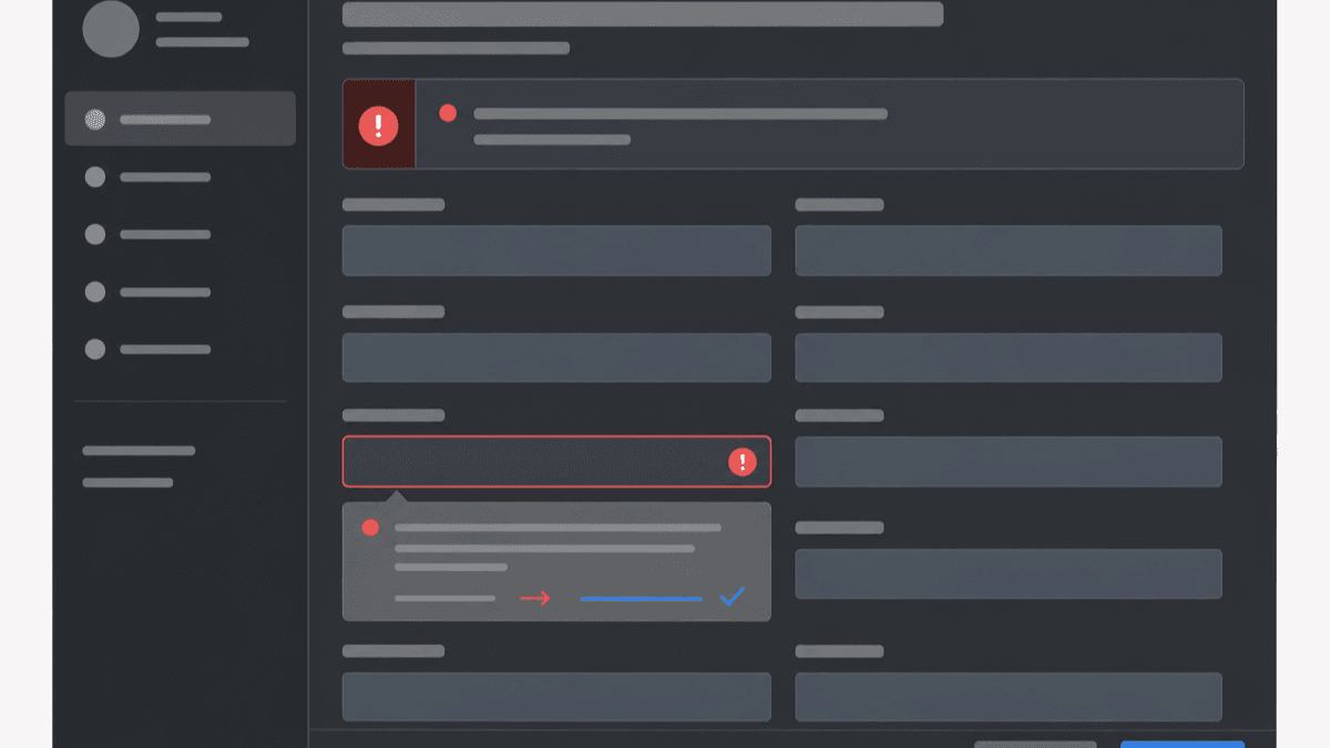 Avaliação heurística: como fazer, checklist e escala de severidade | 5 | Camaraux, consultoria em UX design, projetos centrados no usuário Wireframe didático com mensagem de erro específica ao lado do campo e caminho claro de correção