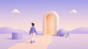 Pessoa caminhando por um caminho simples em direção a uma passagem iluminada em uma ilustração 3D minimalista