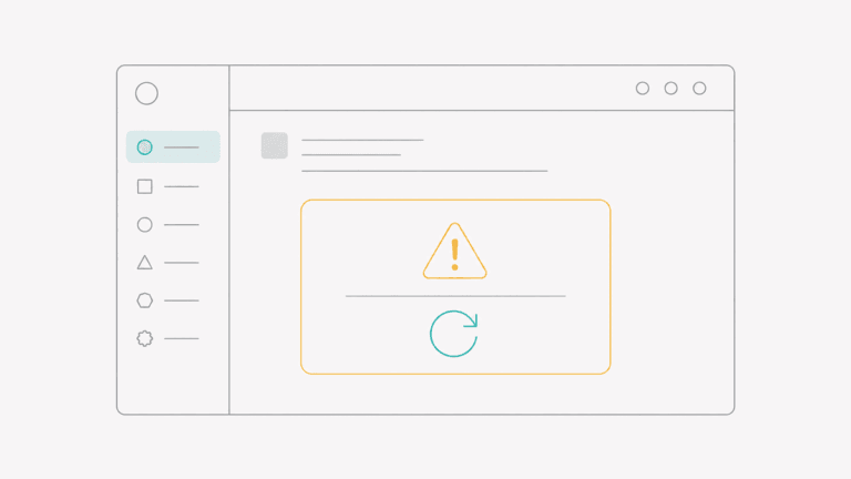 Ilustração wireframe de uma falha temporária do sistema com ação de recuperação