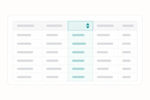 Wireframe de uma tabela com uma coluna ordenada e destacada