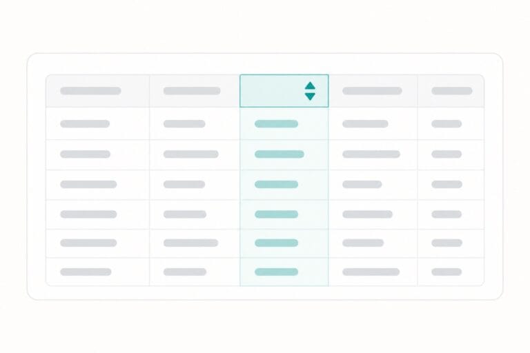 Wireframe de uma tabela com uma coluna ordenada e destacada