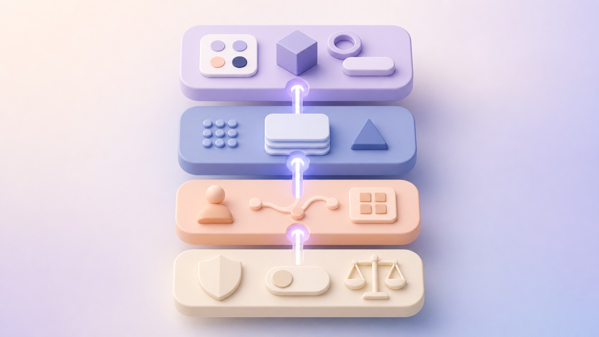 Design System para IA não é só componente: o papel do contexto de UX | 1 | Camaraux, consultoria em UX design, projetos centrados no usuário Ilustração em camadas mostrando design visual, documentação, contexto de UX e governança humana conectados em um sistema preparado para IA.