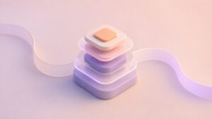 Ilustração pastel com camadas de um sistema de design atravessadas por uma fita que representa o contexto de UX e a inteligência artificial.