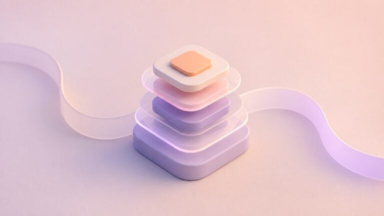 Ilustração pastel com camadas de um sistema de design atravessadas por uma fita que representa o contexto de UX e a inteligência artificial.