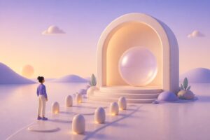 Ilustração 3D editorial com uma pessoa diante de uma esfera protegida por uma estrutura arredondada, em uma paisagem pastel.