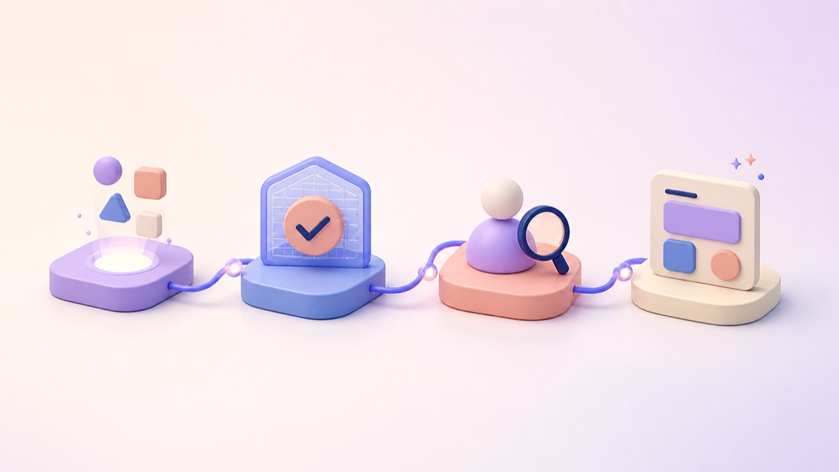 Design System para IA não é só componente: o papel do contexto de UX | 2 | Camaraux, consultoria em UX design, projetos centrados no usuário Fluxo visual que representa uma interface gerada por IA passando por avaliação, revisão humana e refinamento antes de chegar ao produto.