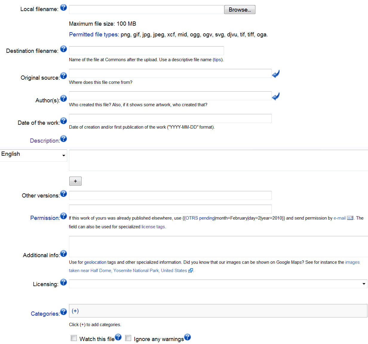 Formulários em UX: como reduzir erros, abandono e carga cognitiva | 1 | Camaraux, consultoria em UX design, projetos centrados no usuário Exemplo de formulário de upload com rótulos, campos de origem, descrição e licença