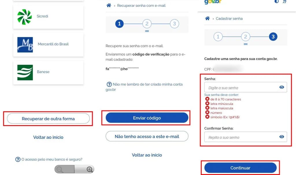Avaliação heurística: como fazer, checklist e escala de severidade | 2 | Camaraux, consultoria em UX design, projetos centrados no usuário Captura real do gov.br com etapas de recuperação de senha, validação por código e redefinição