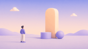 Pessoa observando uma forma geométrica alta em uma ilustração 3D minimalista sobre hierarquia visual em UX