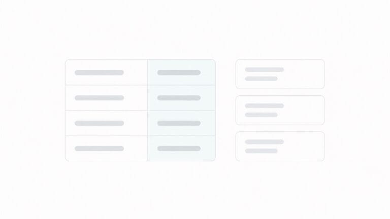Wireframe minimalista comparando uma tabela e três cards.