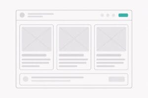Ilustração wireframe minimalista de uma interface em estado de carregamento com placeholders de skeleton.