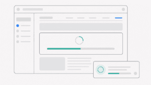 Wireframe minimalista de carregamento demorado com progresso visível e tarefa em segundo plano