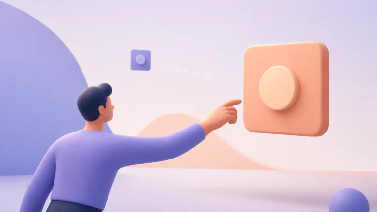 Pessoa alcançando um alvo grande e próximo enquanto um alvo menor aparece mais distante em ilustração 3D minimalista