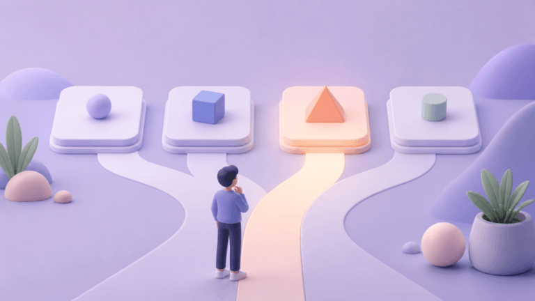 Pessoa escolhendo um caminho destacado entre opções organizadas em uma ilustração 3D minimalista