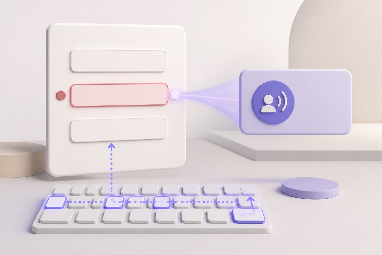 Mensagens de erro em UX: como escrever e validar com acessibilidade | 2 | Camaraux, consultoria em UX design, projetos centrados no usuário Ilustração 3D de campos de formulário, teclado e um sinal visual que representa a associação entre erro, foco e tecnologia assistiva.
