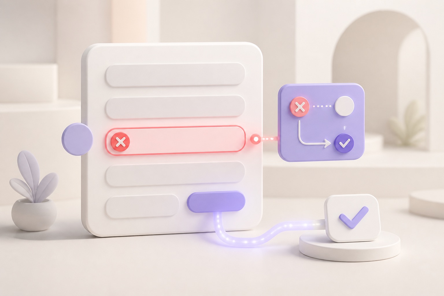 Mensagens de erro em UX: como escrever e validar com acessibilidade | 1 | Camaraux, consultoria em UX design, projetos centrados no usuário Ilustração 3D de um formulário com um campo destacado e um caminho visual que leva do erro à correção.