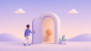 Pessoa abrindo uma porta arredondada em uma ilustração 3D minimalista sobre modelos mentais em UX