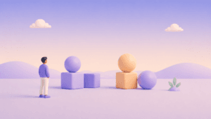 Pessoa observando grupos de formas geométricas em uma ilustração 3D minimalista sobre princípios da Gestalt em UX
