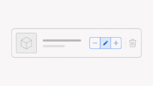 Wireframe de uma linha de carrinho com controle de quantidade, remoção e recuperação.