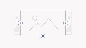 Carrossel com controles de navegação e pausa em uma interface wireframe