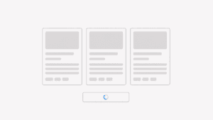 Wireframe com três cards em skeleton e um spinner azul localizado em um botão.