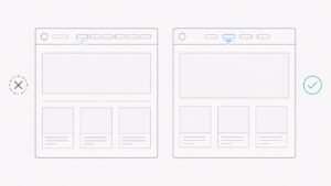 Wireframe comparativo de uma navegação principal clara e de uma navegação congestionada