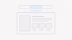 Wireframe de três abas relacionadas conectadas a um único painel de conteúdo