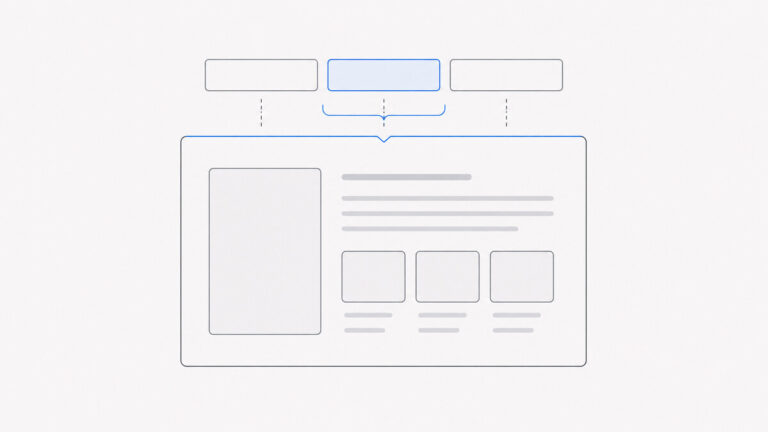Wireframe de três abas relacionadas conectadas a um único painel de conteúdo