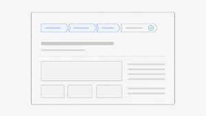 Wireframe minimalista que representa o uso de breadcrumbs por meio de uma trilha hierárquica que termina na página atual.