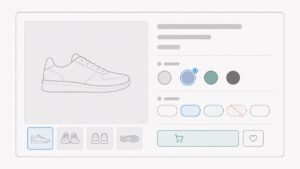 Wireframe de uma pagina de produto com controles separados para cor e tamanho e uma combinacao indisponivel