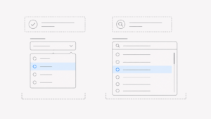 Wireframe comparando um dropdown compacto, opções visíveis e busca para listas longas.