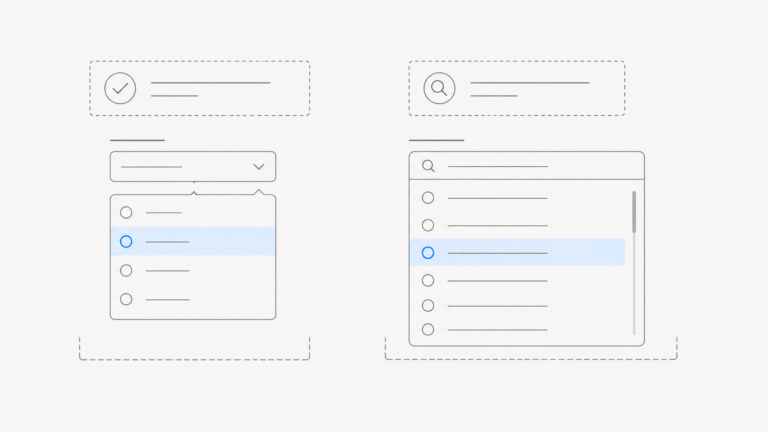 Wireframe comparando um dropdown compacto, opções visíveis e busca para listas longas.