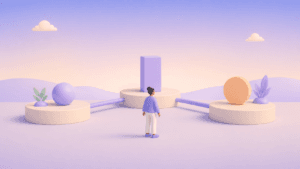 Pessoa entre três plataformas conectadas em uma ilustração 3D minimalista sobre UX, CX e Service Design
