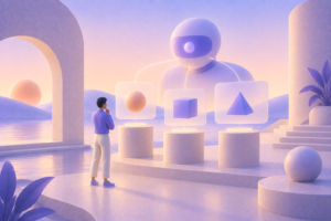 AI Evals - Pessoa analisando interface com ícones de avaliação de dados e inteligência artificial