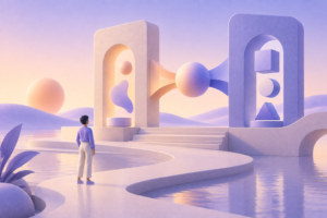 Pessoa em pé em cenário futurista com estruturas geométricas e portas digitais iluminadas