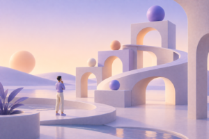 DesignOps Profissional em ambiente futurista com escultura geométrica em tons pastel e esferas decorativas