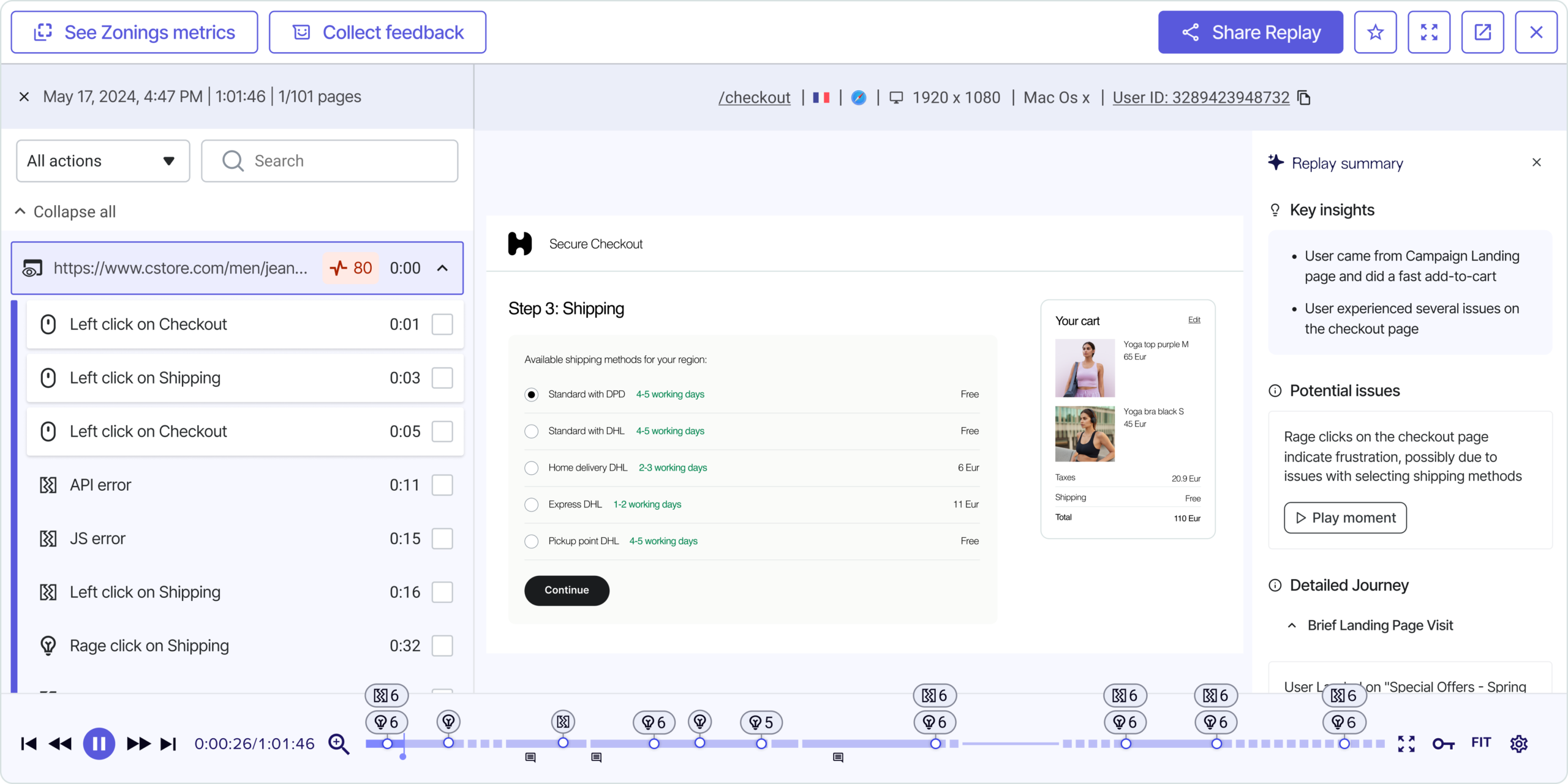 Reprodução de sessão no Contentsquare Interface oficial do Contentsquare mostrando uma reprodução de sessão de usuário