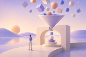 Pessoa pequena em cena futurista com arco, esferas flutuantes e mesa com formas geométricas