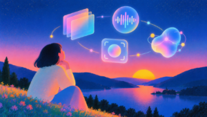 Pessoa observando paisagem ao pôr do sol, com ícones digitais e ondas de som sobrepostos